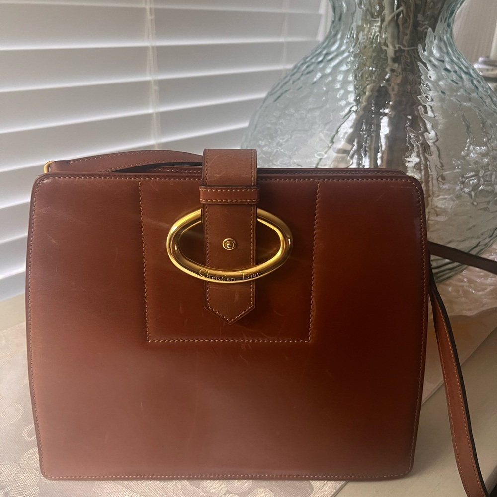 CHRISTIAN DIOR KISS-LOCK CLUTCH / CROSSBODY BROWN LEATHER